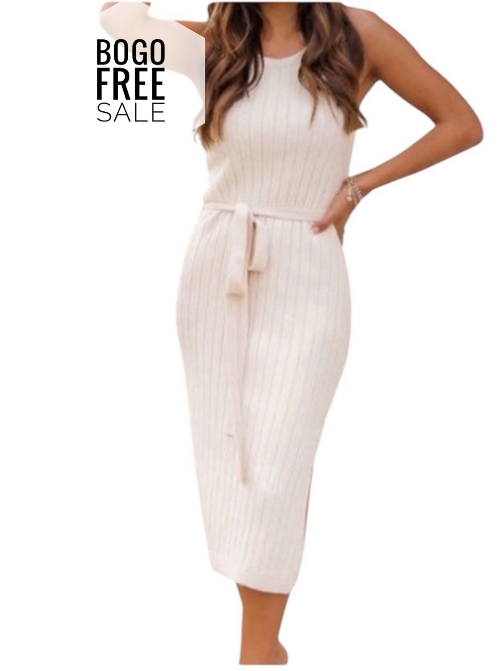 Pink Lily Sleeveless Ribbed Midi Sweater Dress in Cream